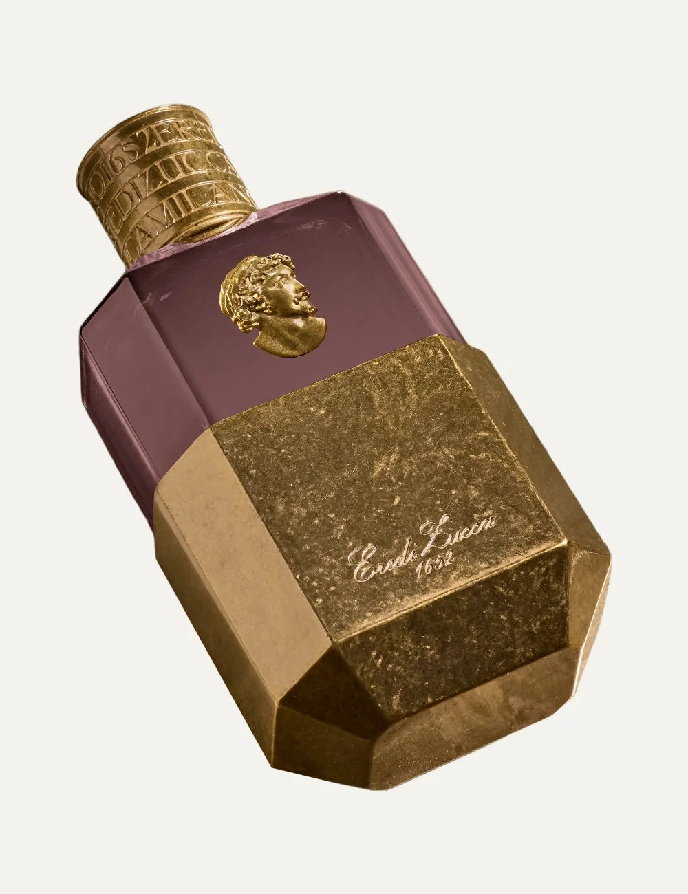Eredi Zucca Narciso unisex Eau de Parfum 100ml in a rose brown glass bottle with antique gold metallic base, embossed Caravaggio portrait medallion and engraved gold cap detail