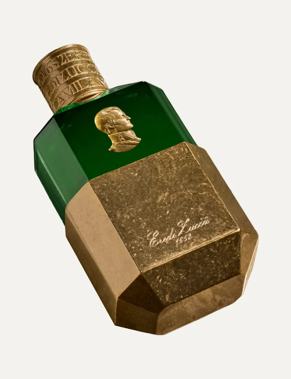 Eredi Zucca Vetivero unisex Eau de Parfum 100ml in a deep green glass bottle with antique gold metallic base, embossed Napoleon Bonaparte portrait medallion and engraved gold cap detail