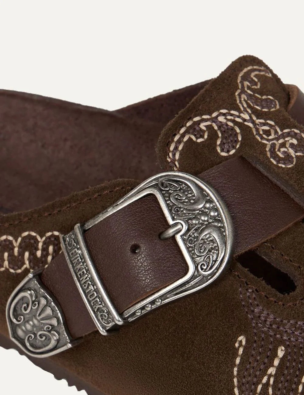 Etro x Birkenstock women's brown suede clogs with embroidery and silver buckle narrow fit close up details