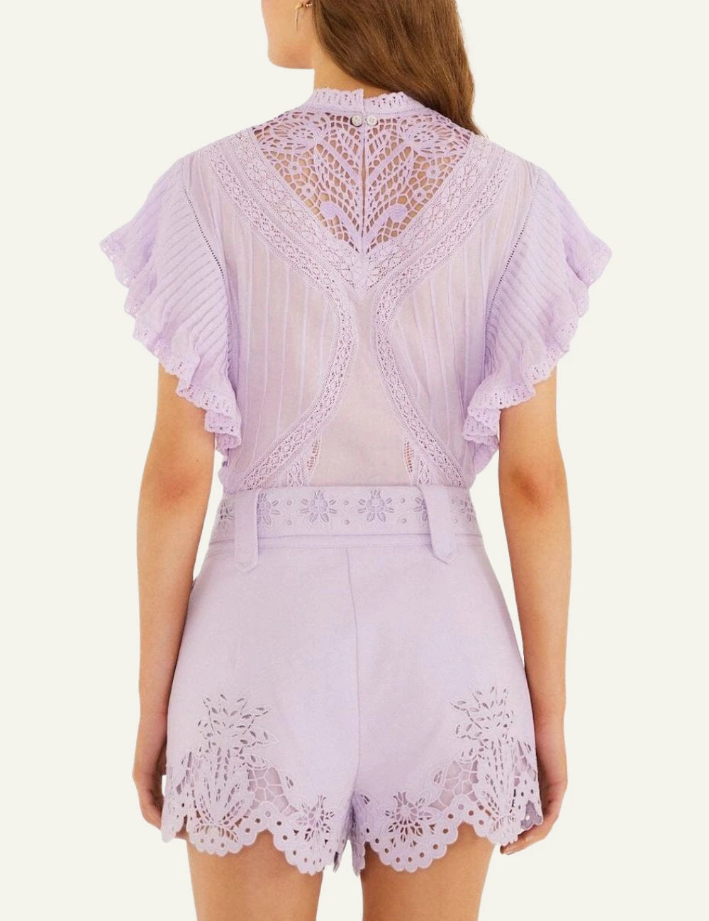 Farm Rio lilac embroidered richelieu shorts with belt back view