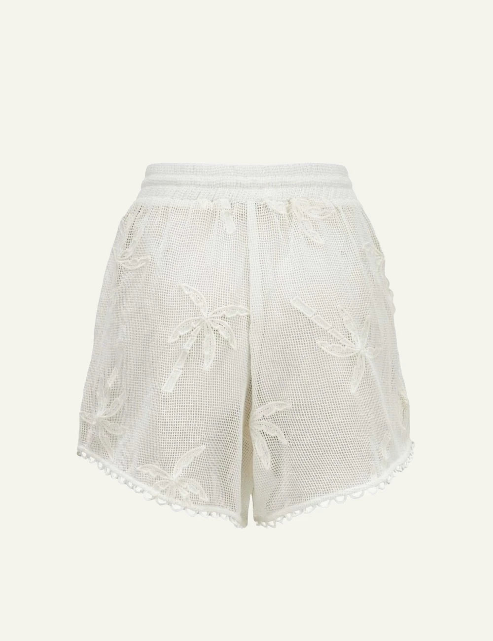 Farm Rio white palm trees shorts tassel detail back view.