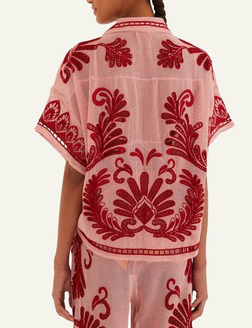 Farm Rio arabesque blouse light pink embroidery short sleeve back view
