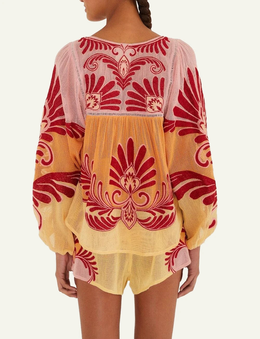 Farm Rio arabesque blouse soft yellow ruffle sleeves beach look back model view