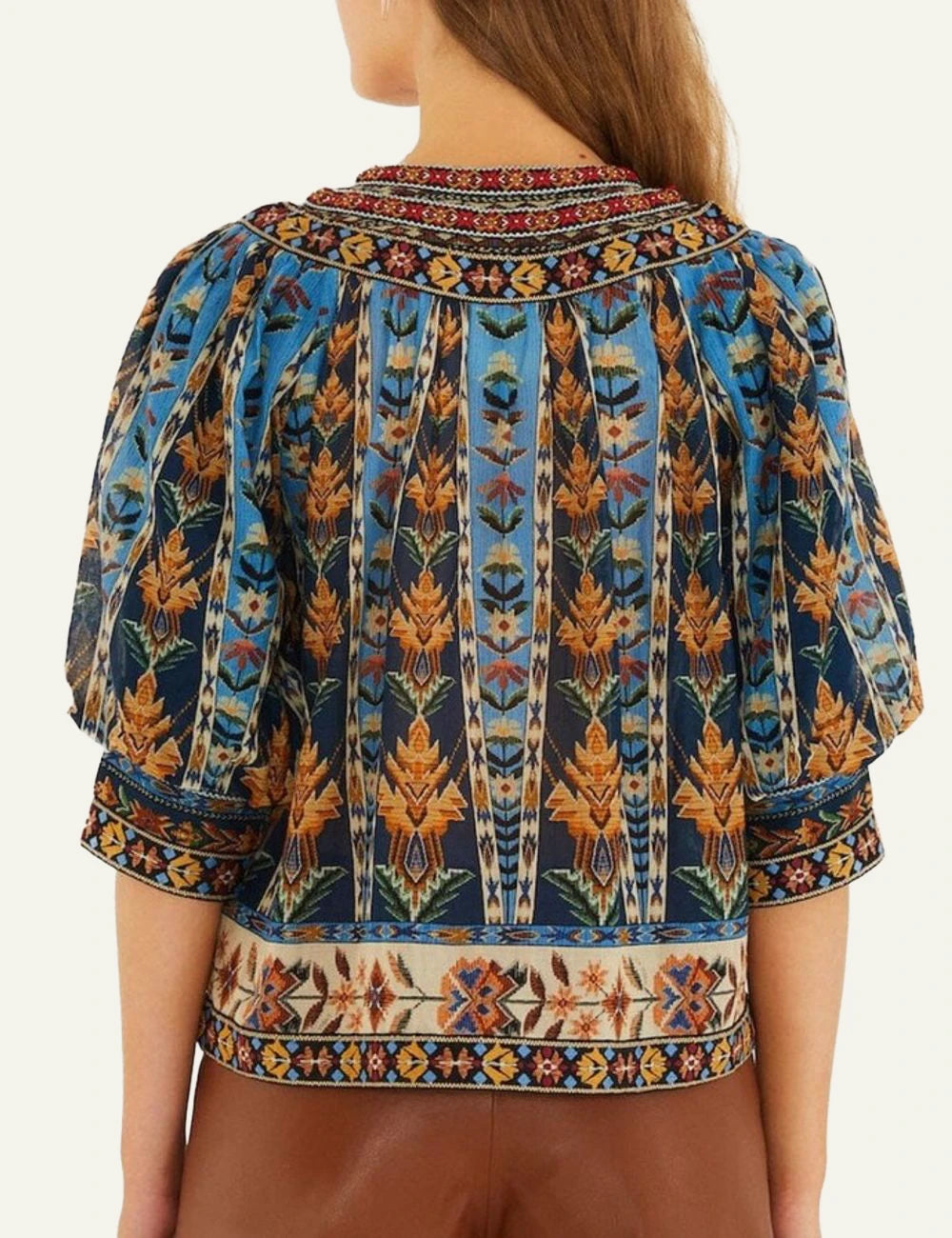 Farm Rio embroidered tapestry blouse blue puff sleeves tassels back view