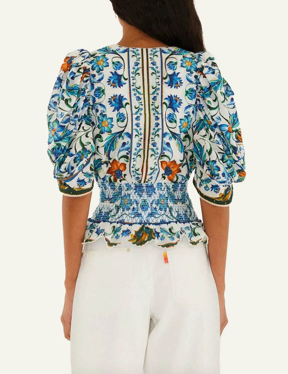 Farm Rio flora tile smocked blouse off white floral back view
