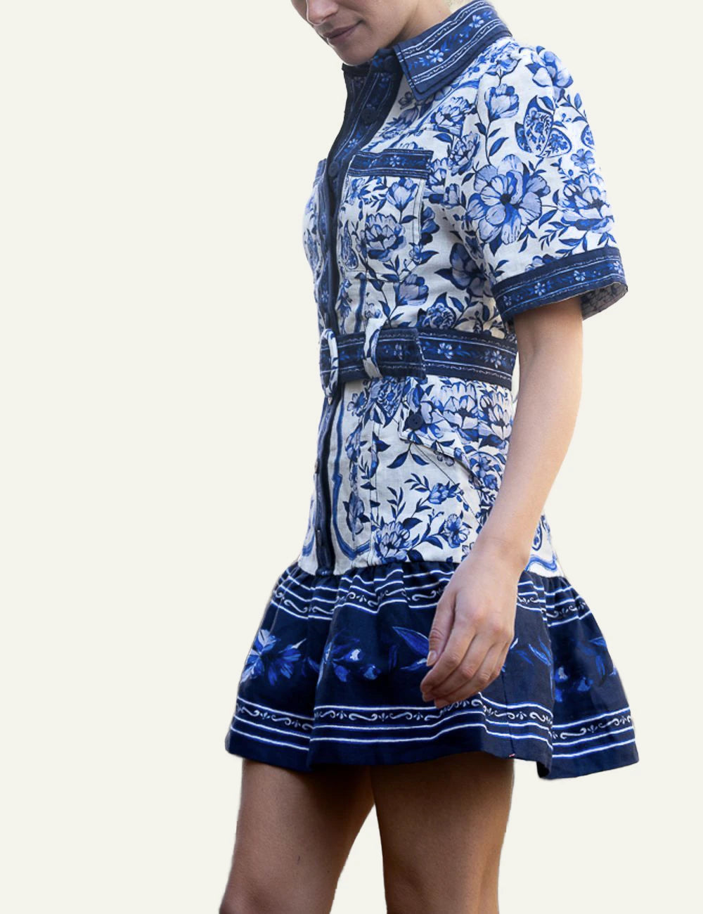 Farm Rio porcelain garden mini dress off white blue floral side view