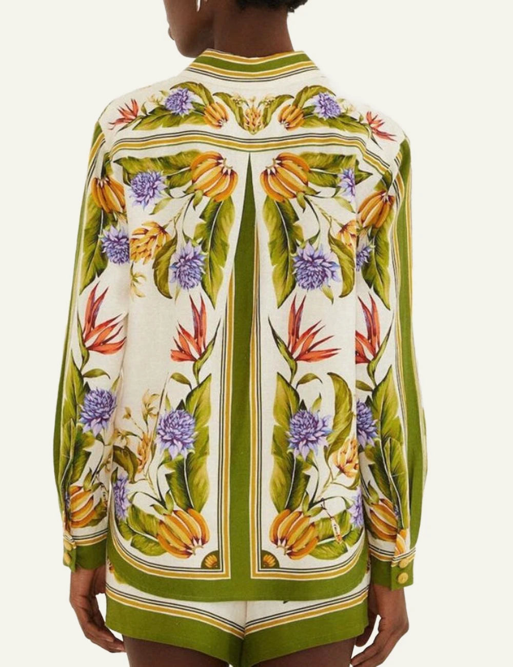Farm Rio tropical scarf shirt sand floral print long sleeve back view
