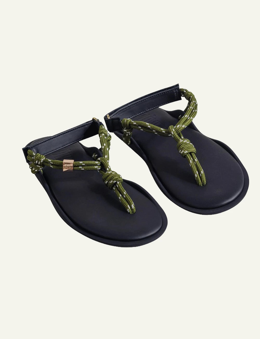 Flowze Flo sandals black base me green rope straps angled pair view