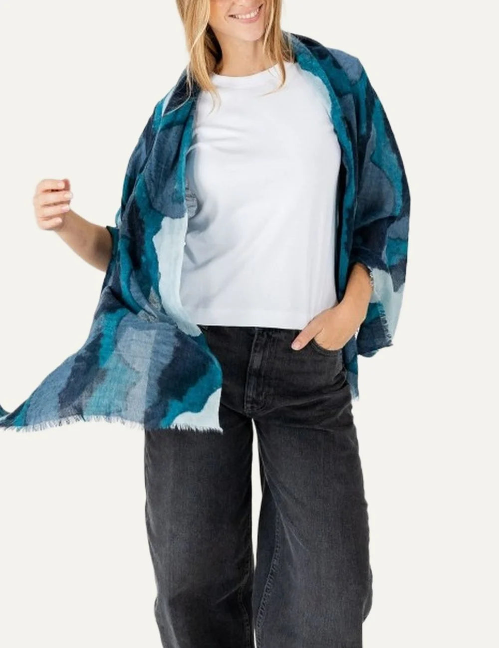 Biba wool scarf in navy, teal, grey and light blue with hand-painted abstract pattern and fringed edges model