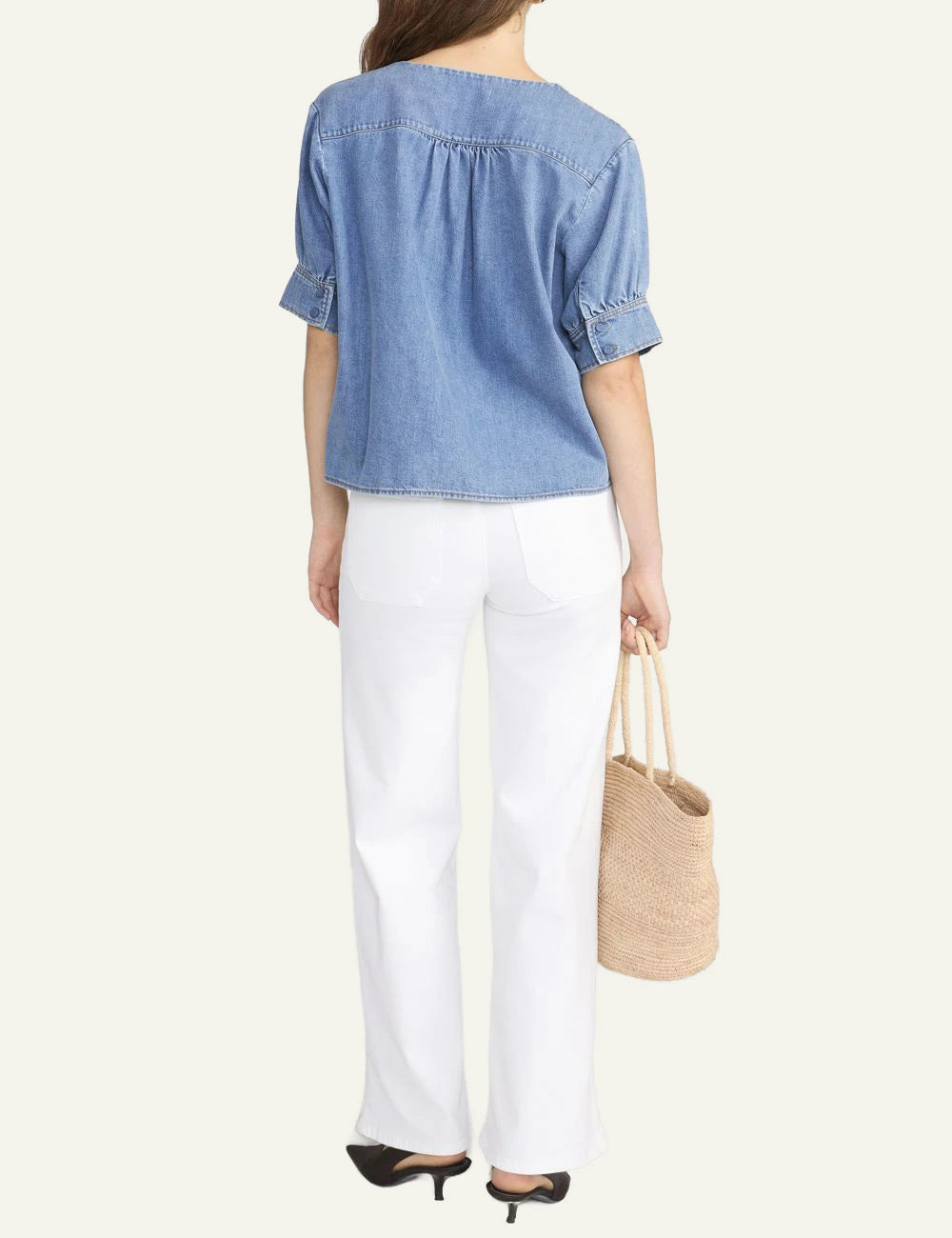 Frame denim v neck popover top blue lightweight lyocell blend short sleeve back view
