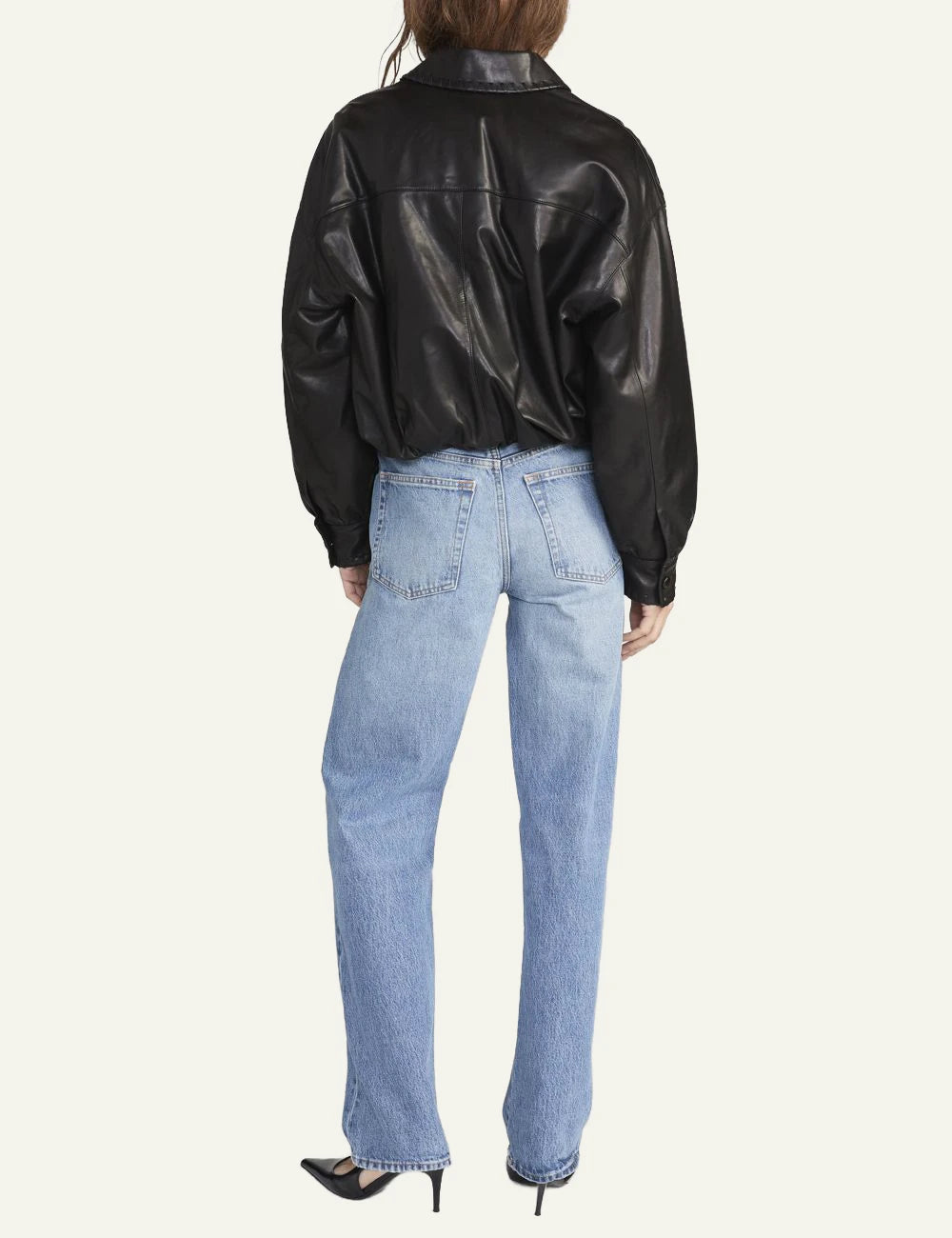 Frame leather bubble jacket black lamb leather oversized fit bubble hem back view