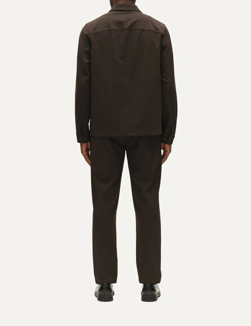 Gabba men's dark brown regular straight fit chino trousers with front pleats, angled side pockets and elasticated back waistband back view