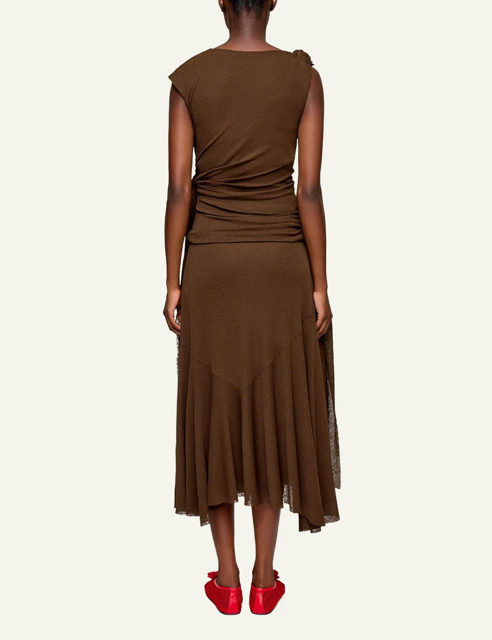 Ganni brown sleeveless midi dress with draped knot detail back view