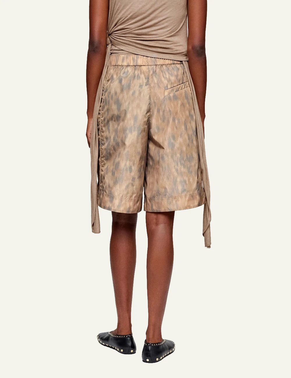 Ganni flyweight nylon shorts print beige relaxed back