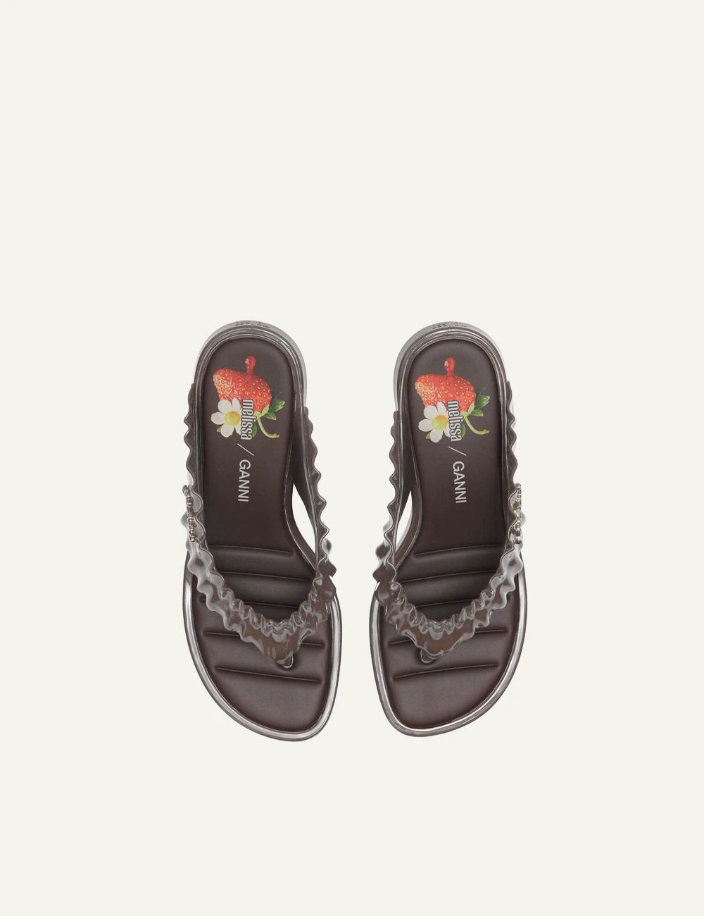 Ganni brown heeled flip flop sandal with ruffle strap top view