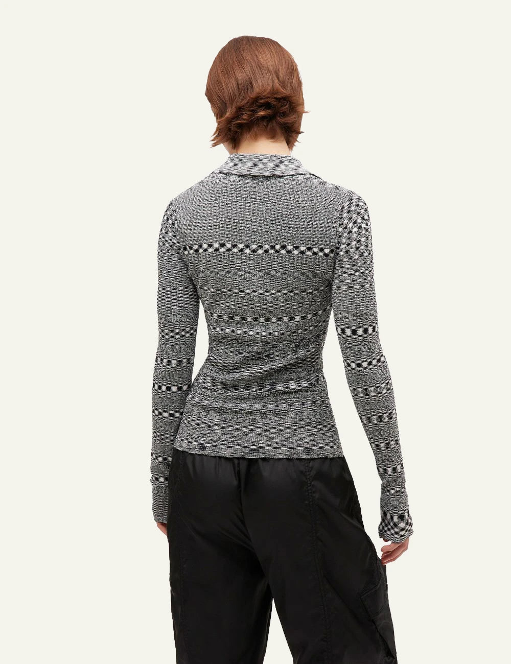 Ganni knit polo top grey black pattern back view