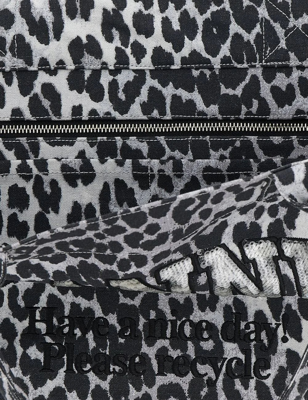 GANNI leopard tote bag black white canvas detail view