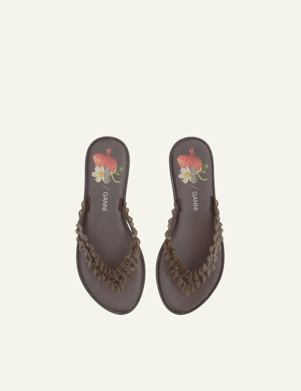 Ganni brown flip flop sandal with ruffle strap top view