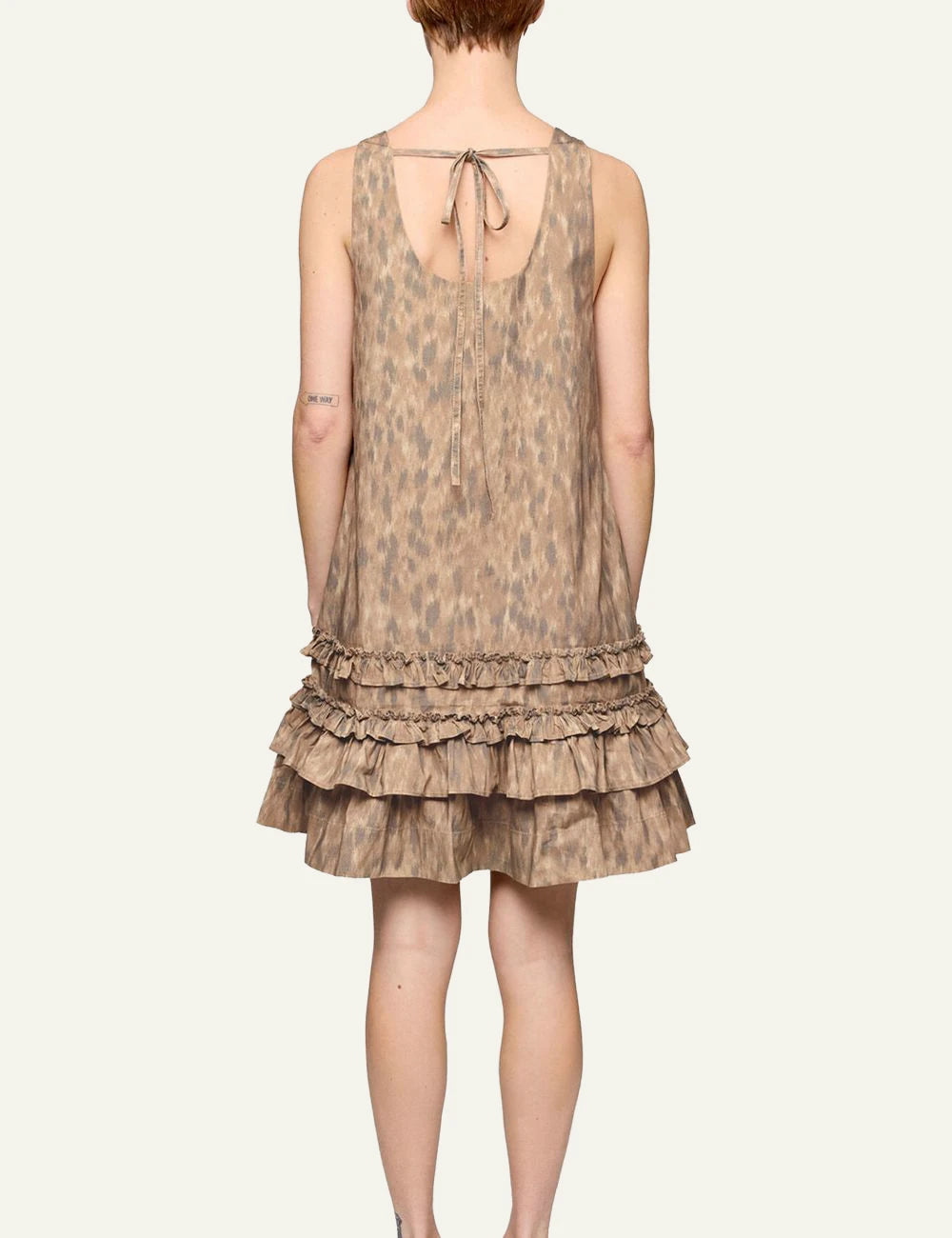 Ganni U-neck mini dress animal print with ruffle hem back view