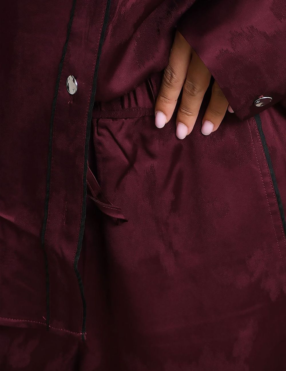 Women's Ganni burgundy satin jacquard wide leg trousers with floral pattern detail