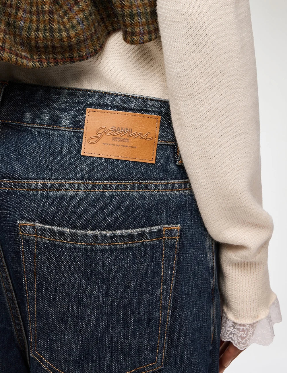 Ganni women's dark blue barrel jeans with low waist, relaxed fit, checked jacquard panels and cargo pockets detail