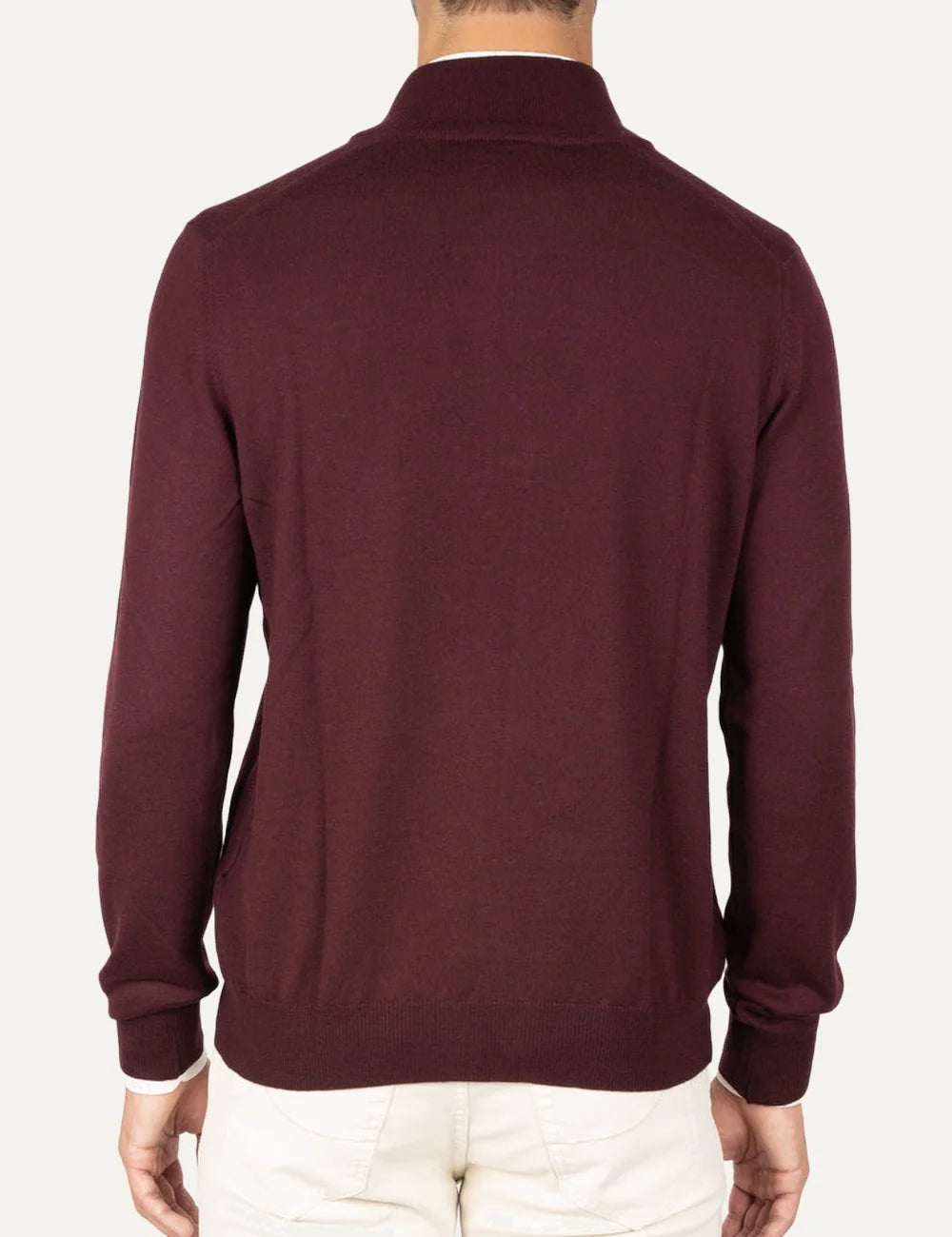 Men's Gran Sasso bordeaux merino wool sweater with a half zip stand collar, long sleeves and ribbed cuffs, back view