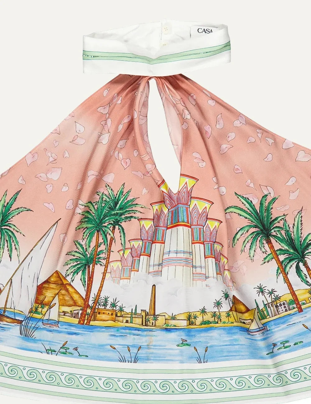 Casablanca women's pink silk halterneck top with colorful Egyptian landscape print, palm trees, front keyhole cutout and green patterned border detail