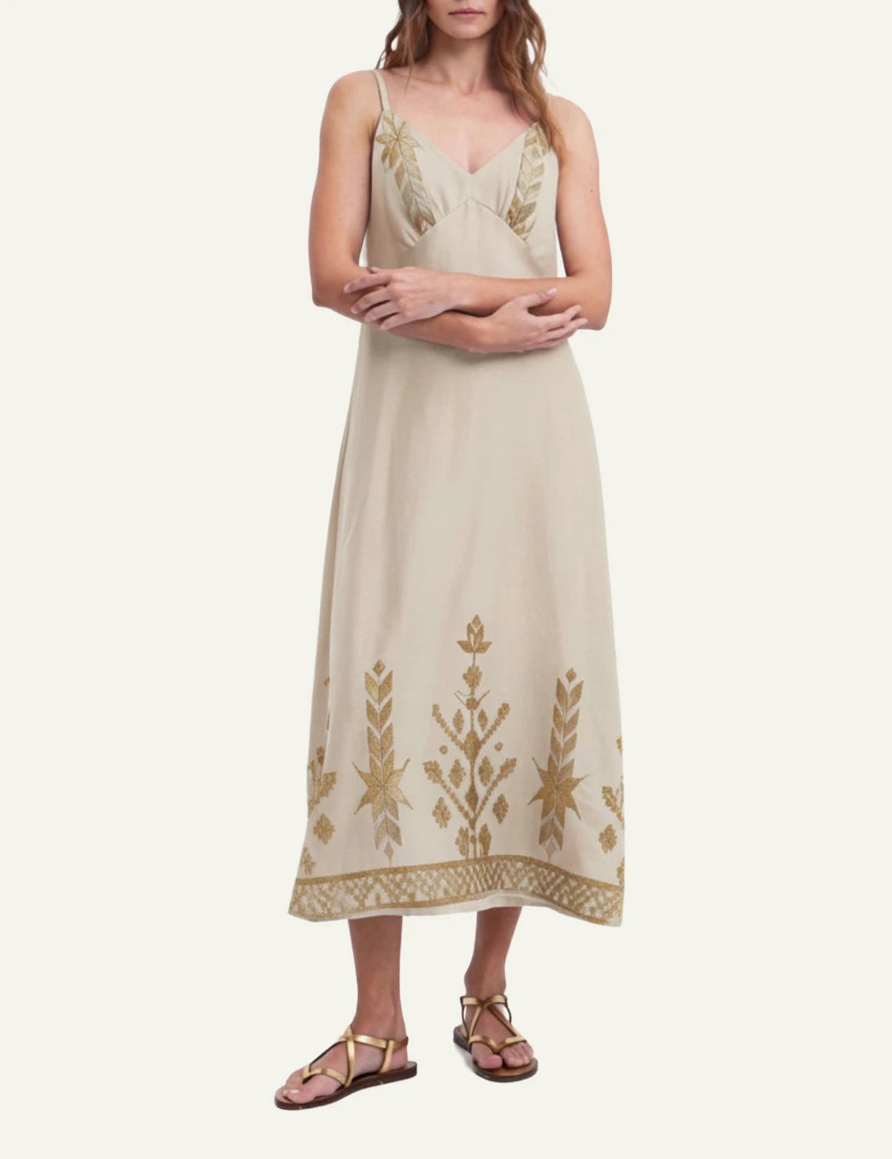 Greek Archaic Kori ios maxi dress beige gold front