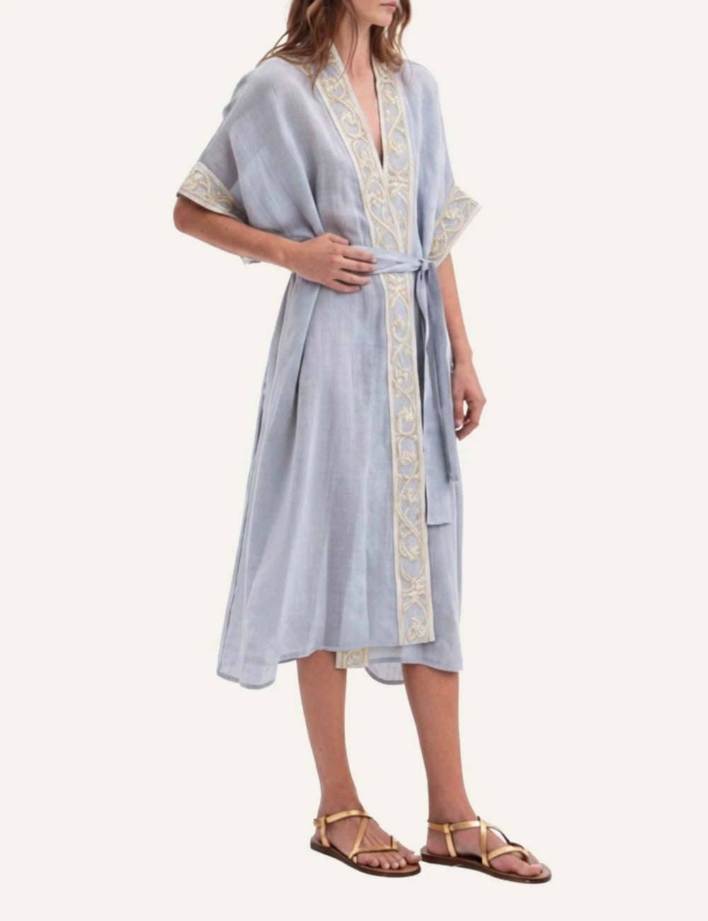 Greek Archaic Kori crete maxi kimono stone gold embroidery side