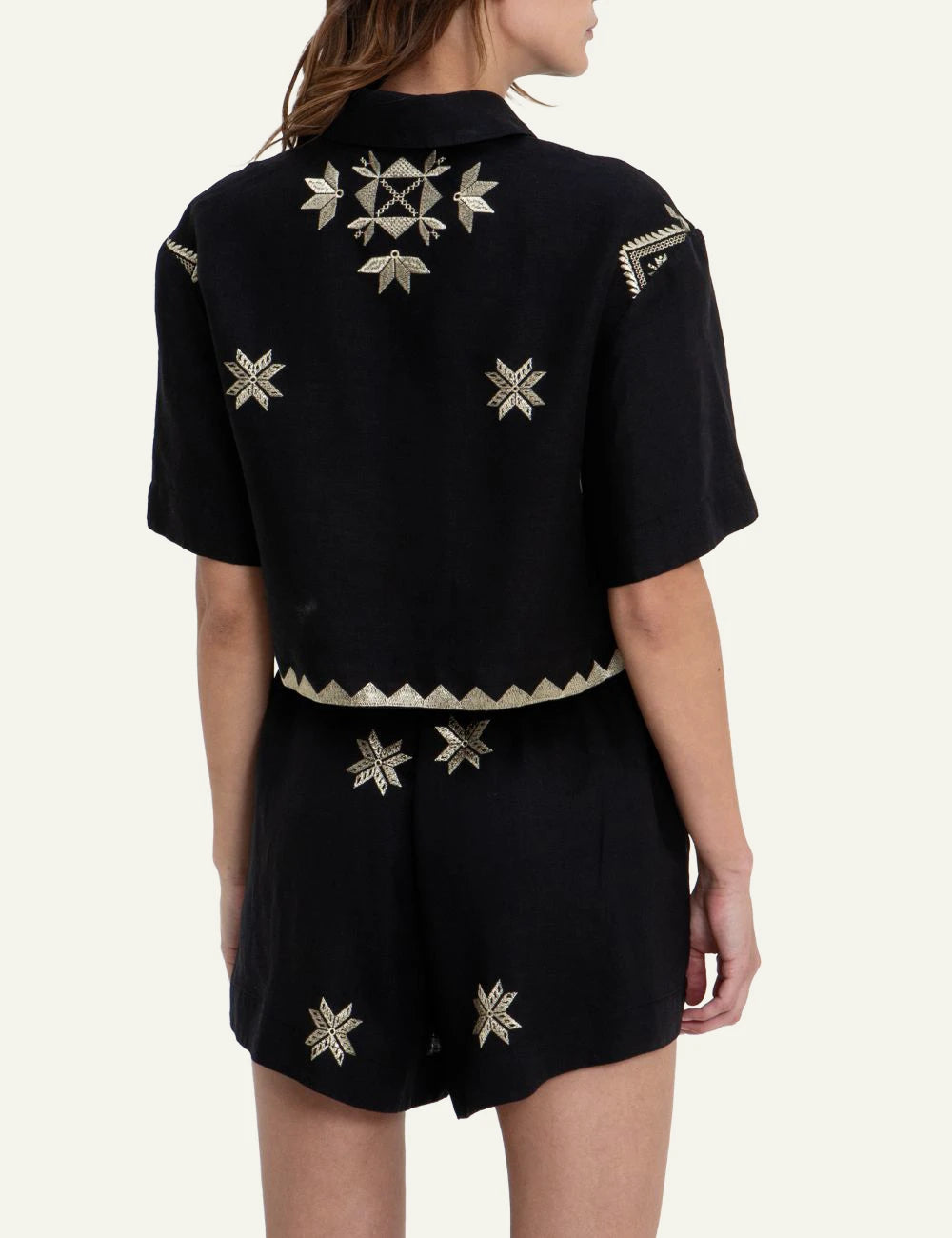 Greek Archaic Kori cropped lefkada shirt black gold embroidery back