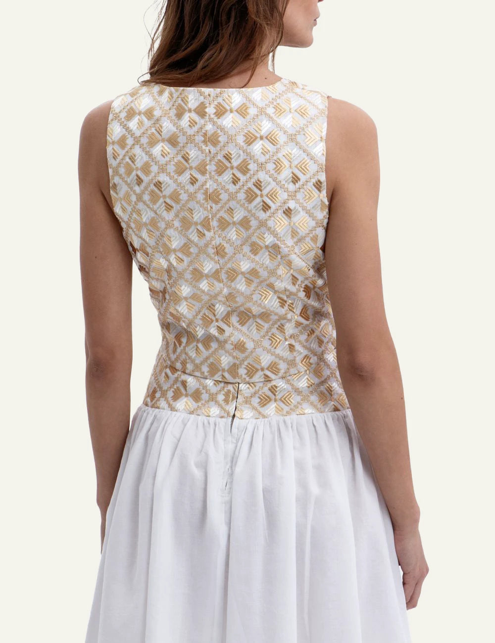 Greek Archaic Kori embroidered cropped top white gold back detail