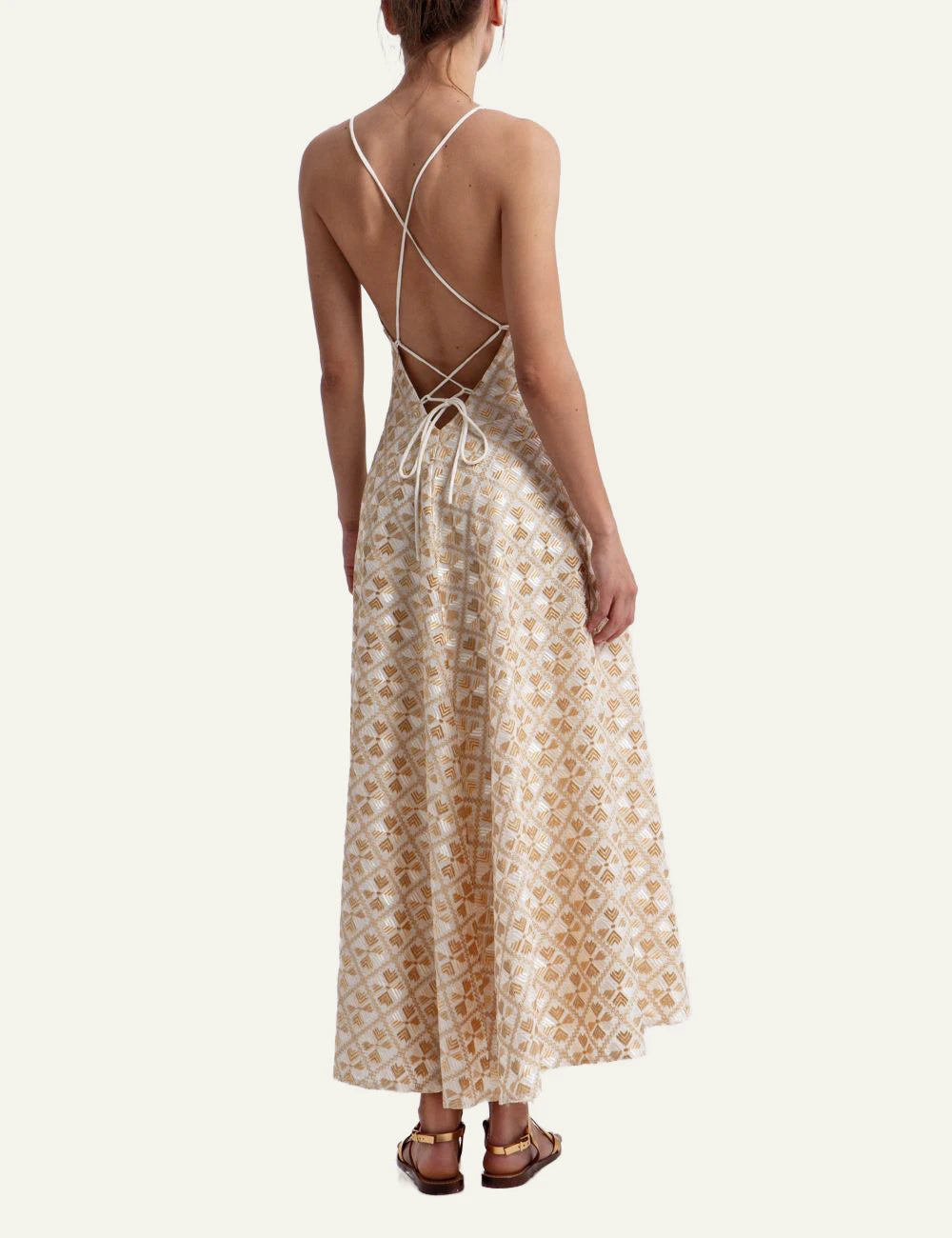 Greek Archaic Kori flakes maxi dress white gold back