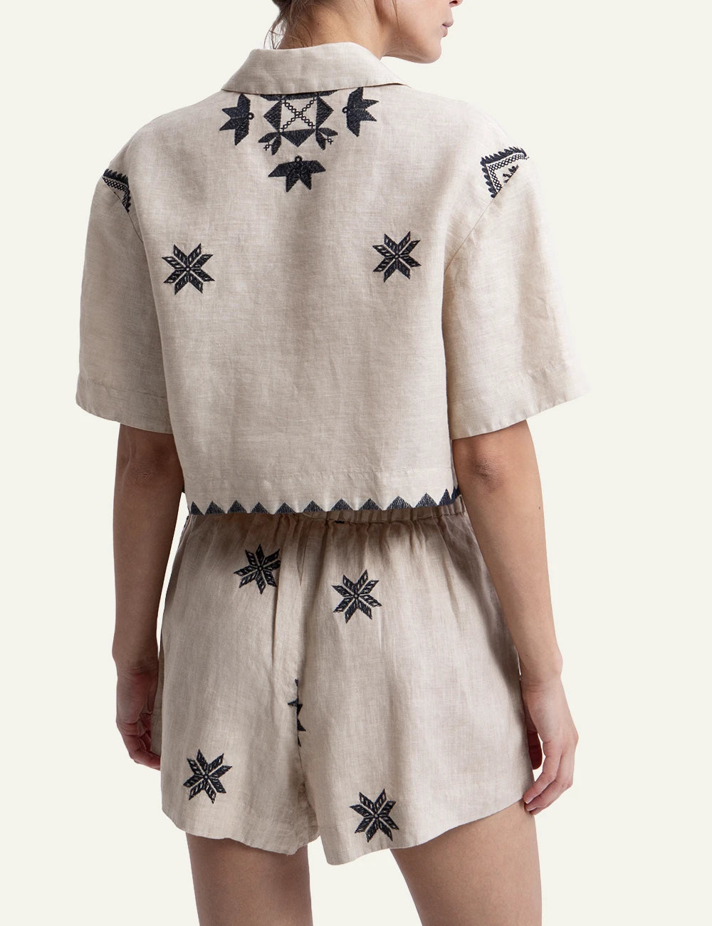 Greek Archaic Kori cropped shirt Lefkad embroidered linen back view