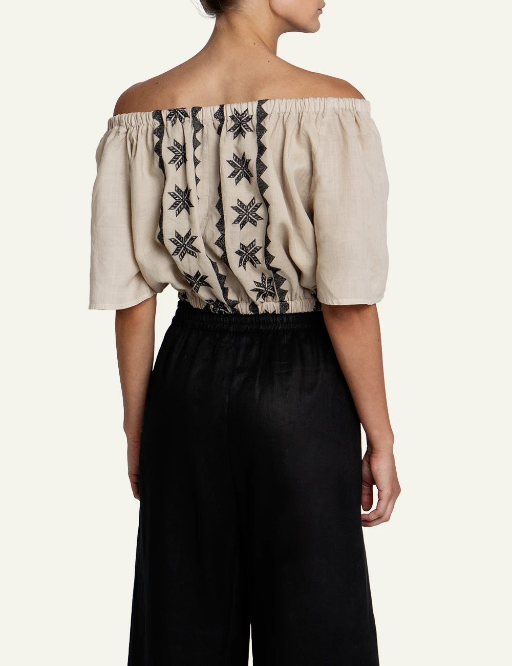 Greek Archaic Kori Lefkada embroidered linen off shoulder top back view