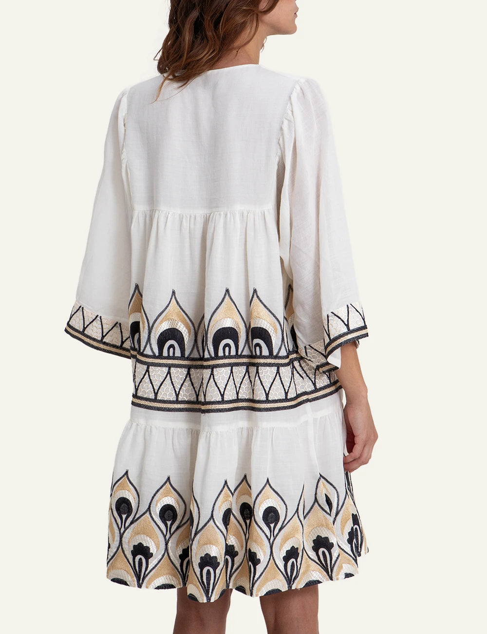 Greek Archaic Kori mini dress white embroidered boho back view