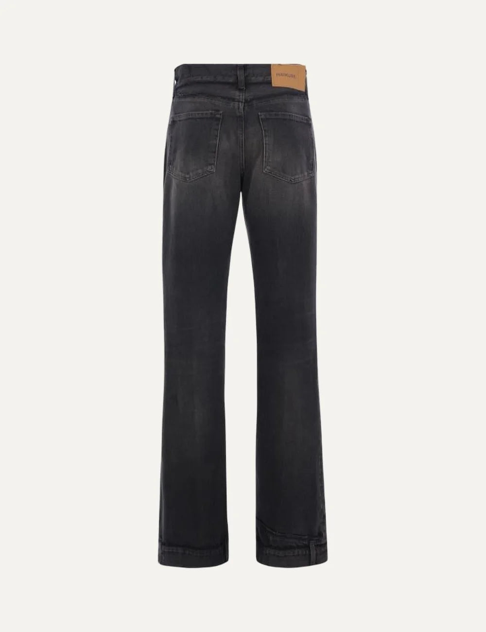 Haikure women black vintage wash denim jeans with raw-cut details and adjustable buttoned hems back view