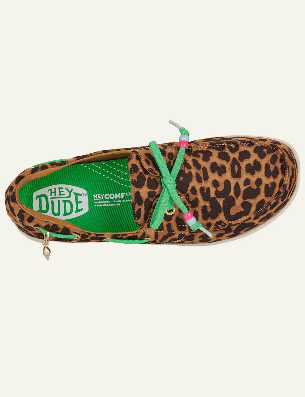 hey dude boat shoes leopard green laces top view
