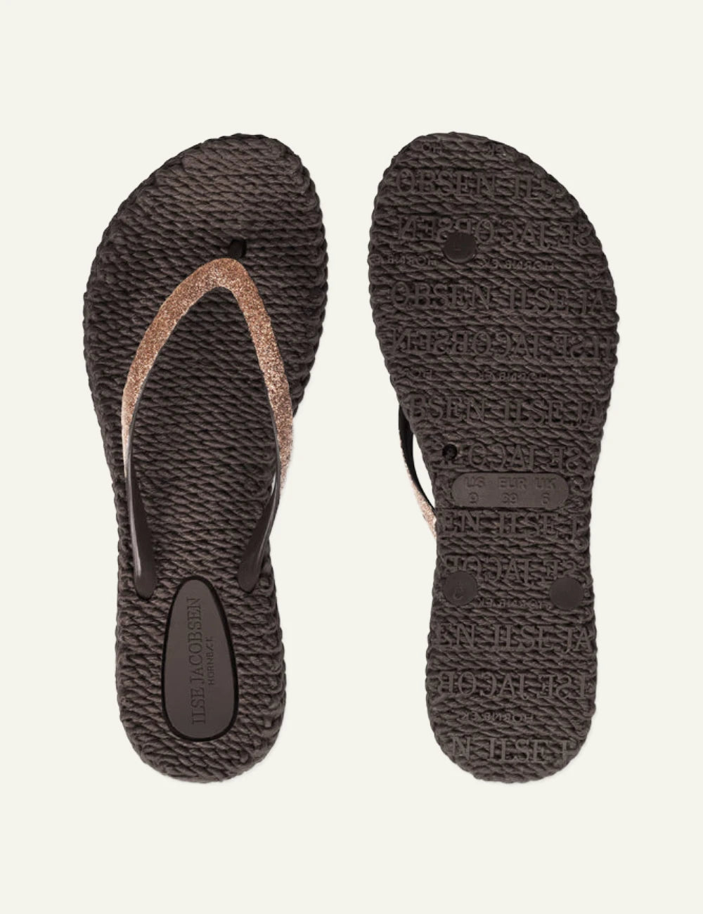 Ilse Jacobsen flip flops brown glitter strap braided sole top view