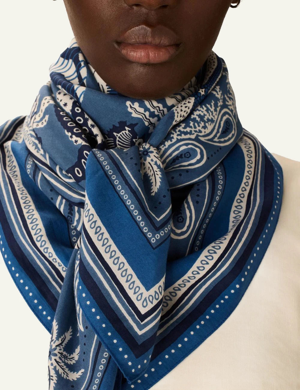Inoui cotton silk square scarf with blue underwater sea life print detail