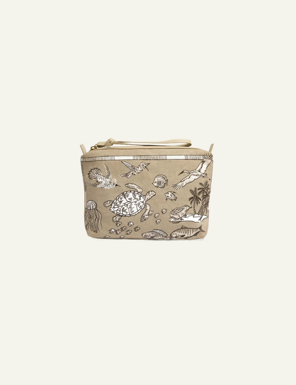 Inoui ocean print pouch ecru with turtle and sea life illustration back view