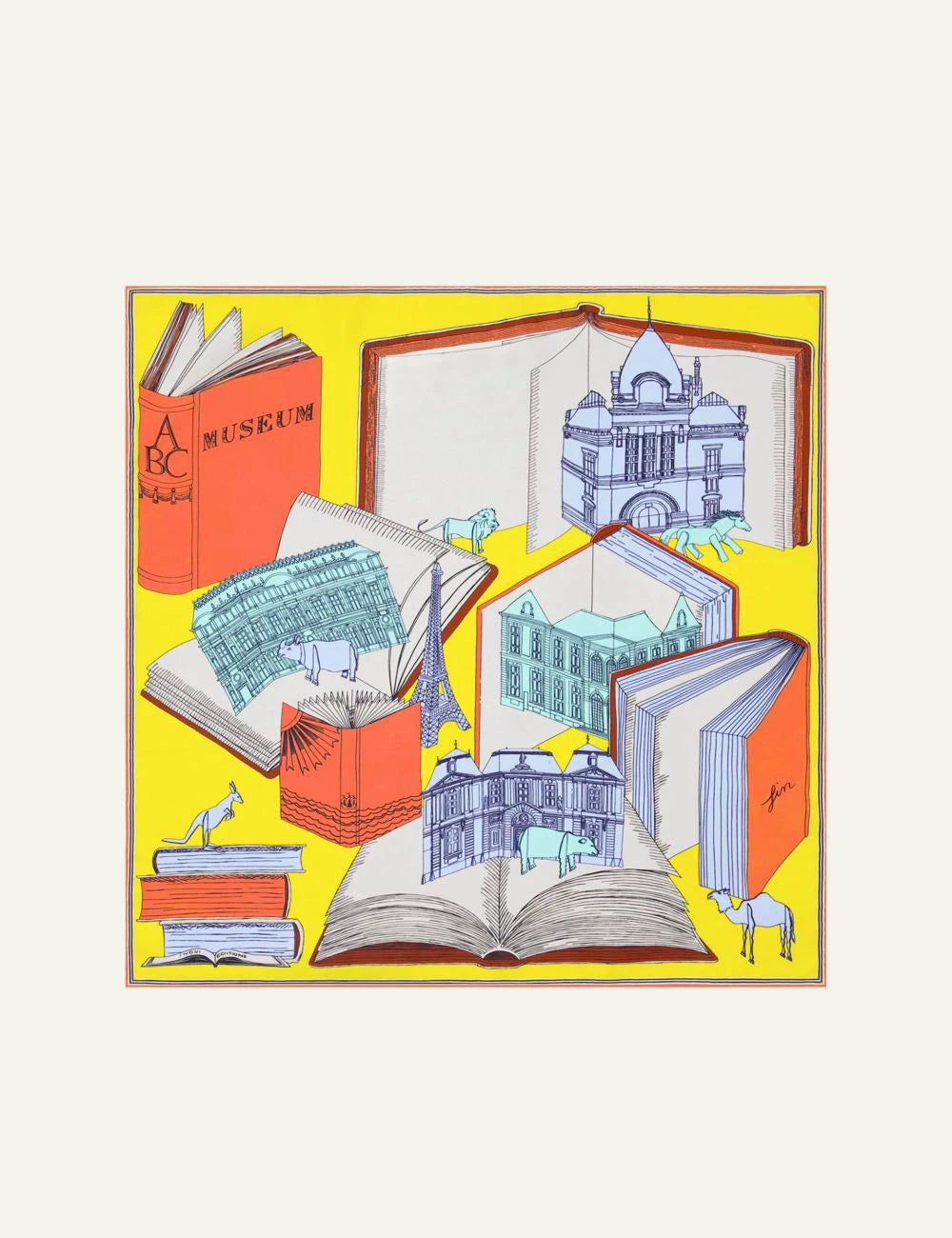 inoui_silk_square_scarf_books_architecture_yellow