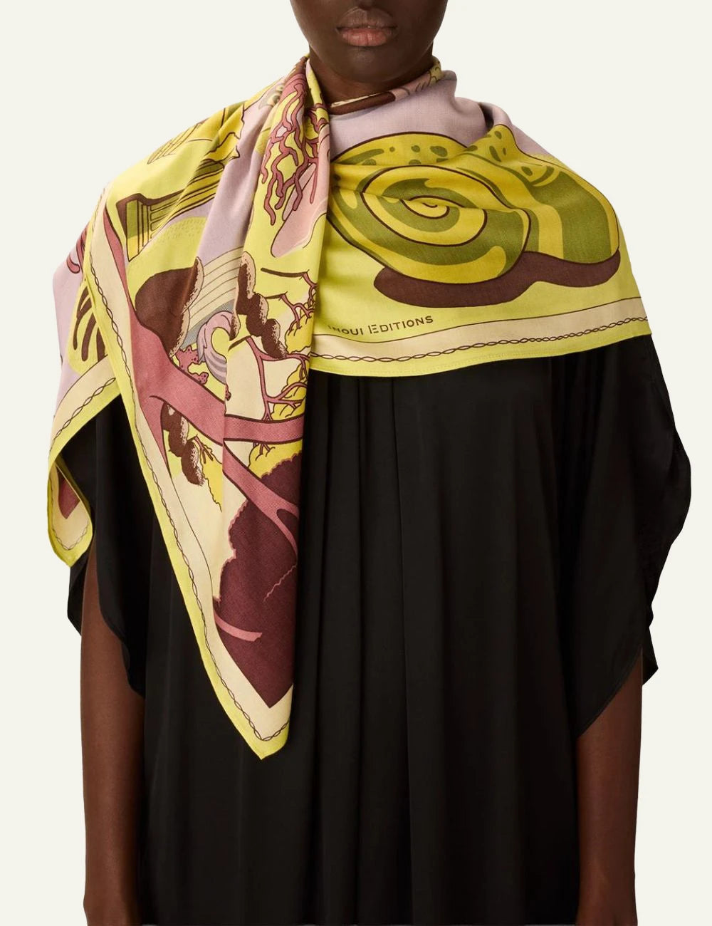 Inoui square silk modal scarf with mermaid and artistic landscape print detail