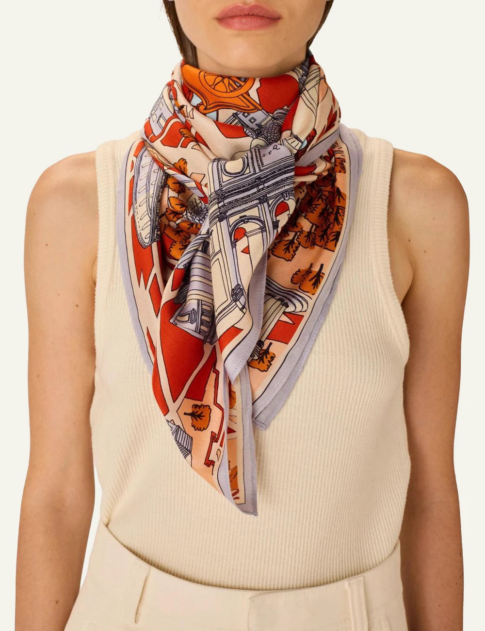 Inoui square silk modal scarf with Rome map print in red and blue tones model