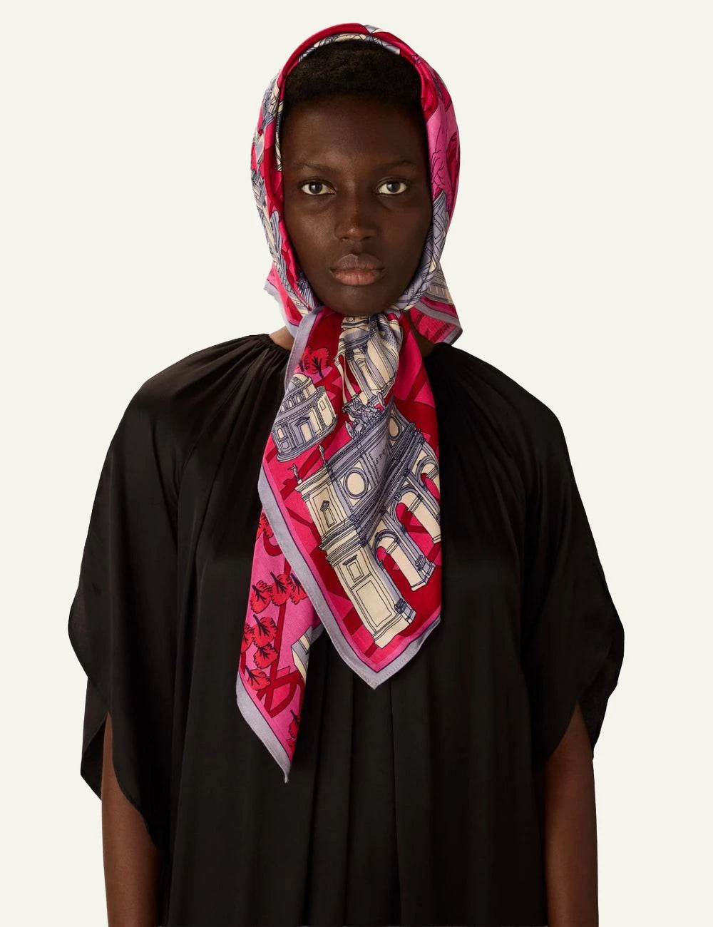 Inoui square silk modal scarf with colorful tropical artistic print detail