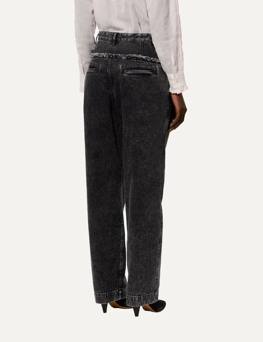 Isabel Marant faded black wide-leg jeans with front pleats and frayed waist detail back