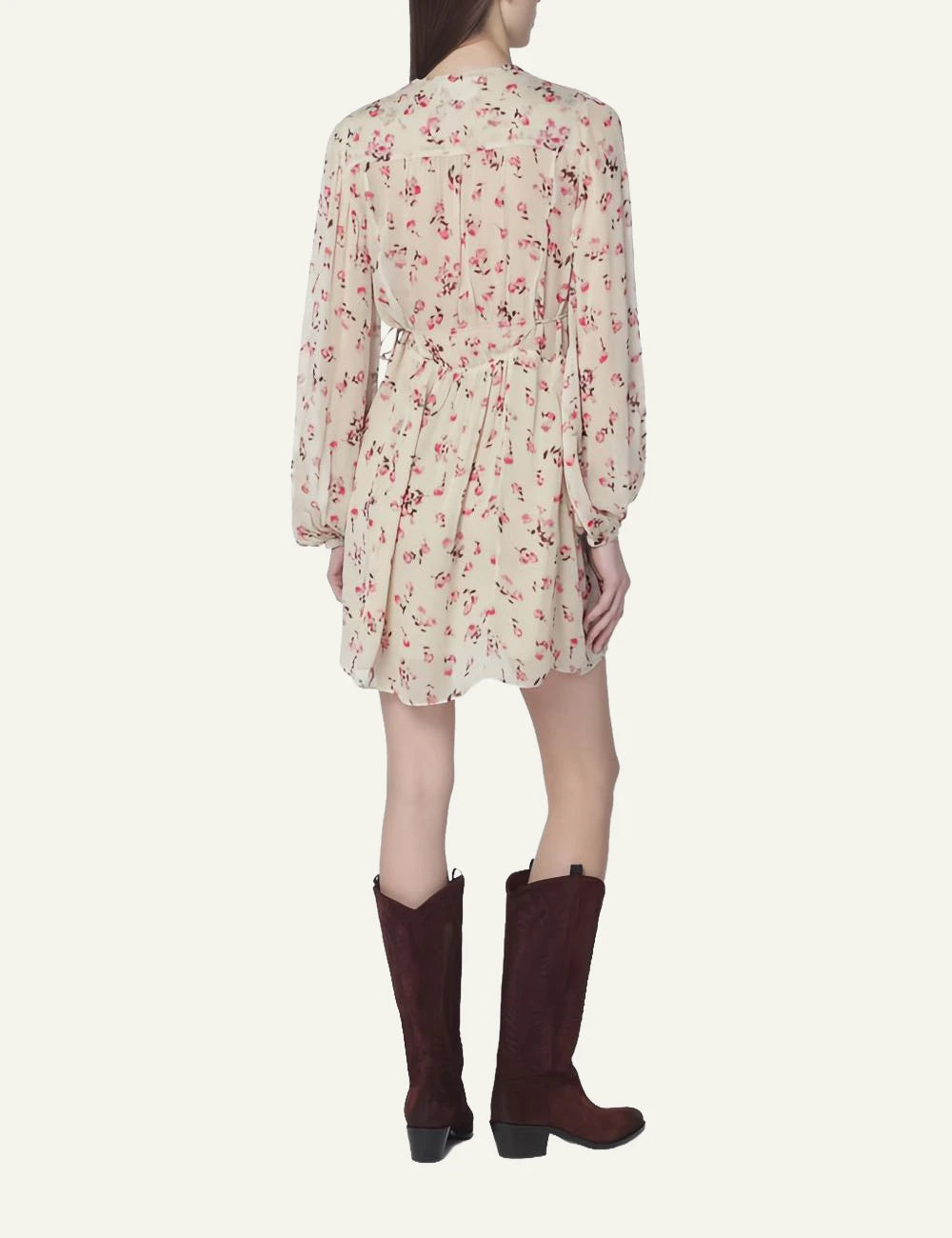 Isabel Marant Loriena dress beige floral mini long sleeve button back model view