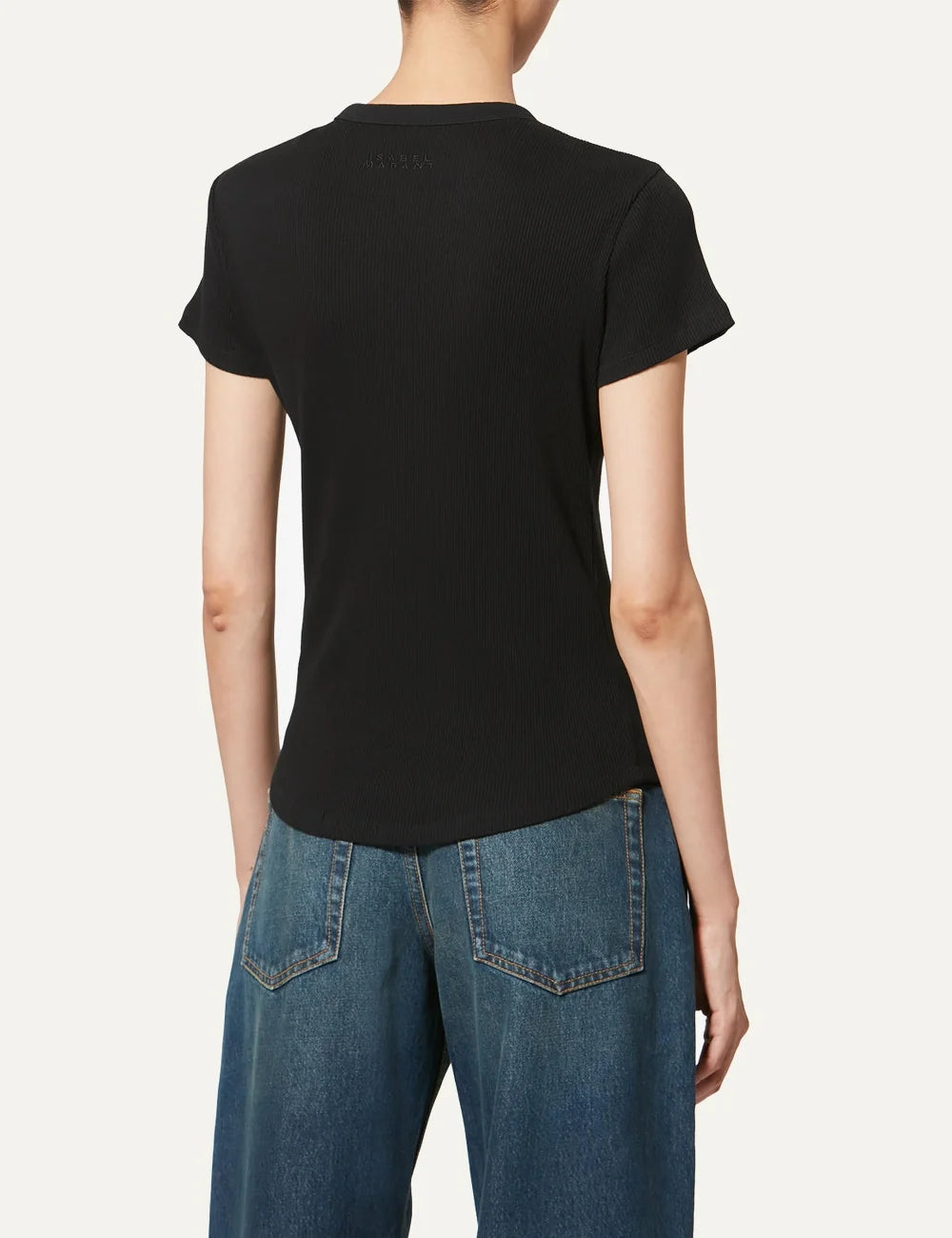 Isabel Marant black ribbed cotton T-shirt with round neckline, short sleeves and curved hem back