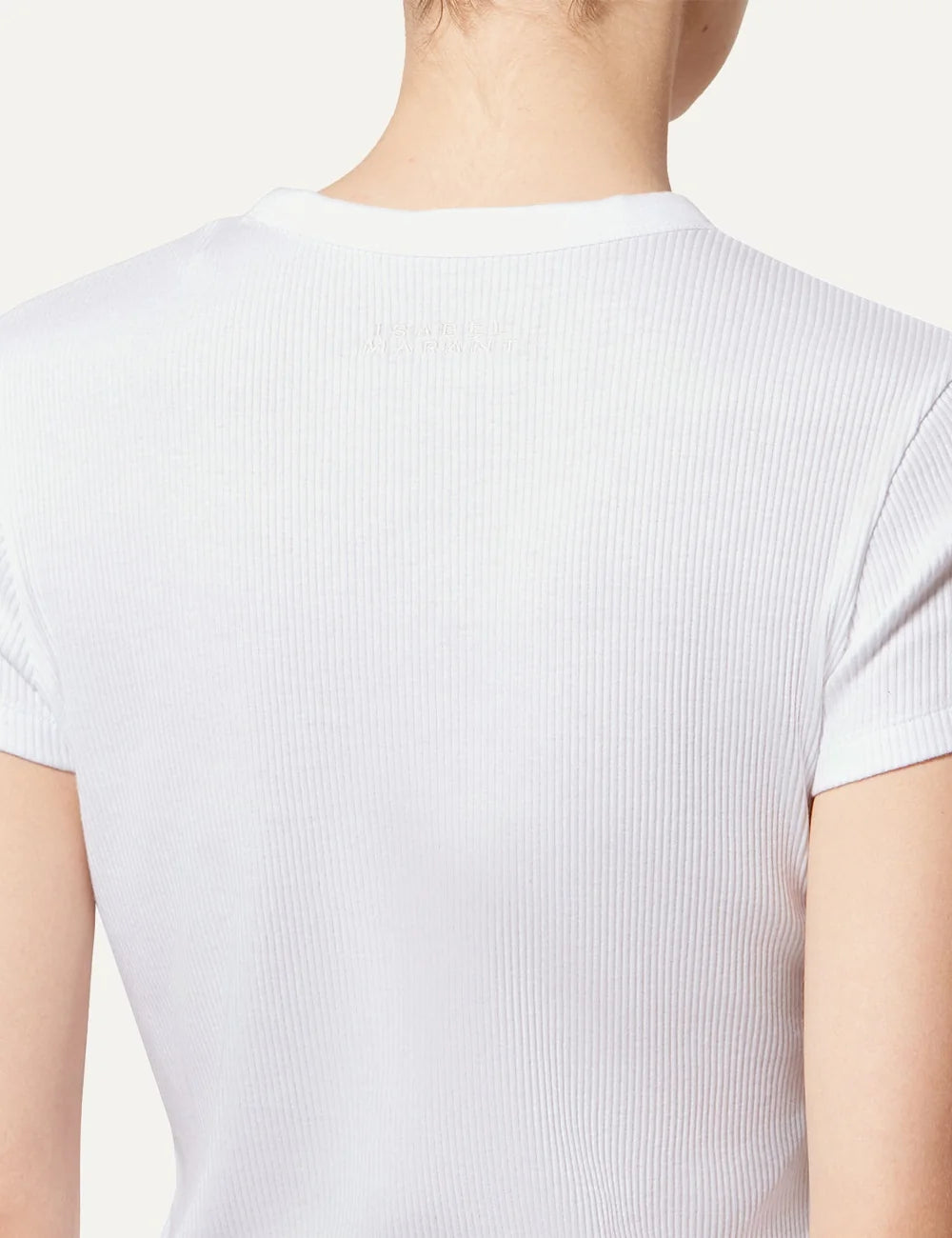 Isabel Marant white ribbed cotton T-shirt with round neckline, short sleeves and curved hem back detail