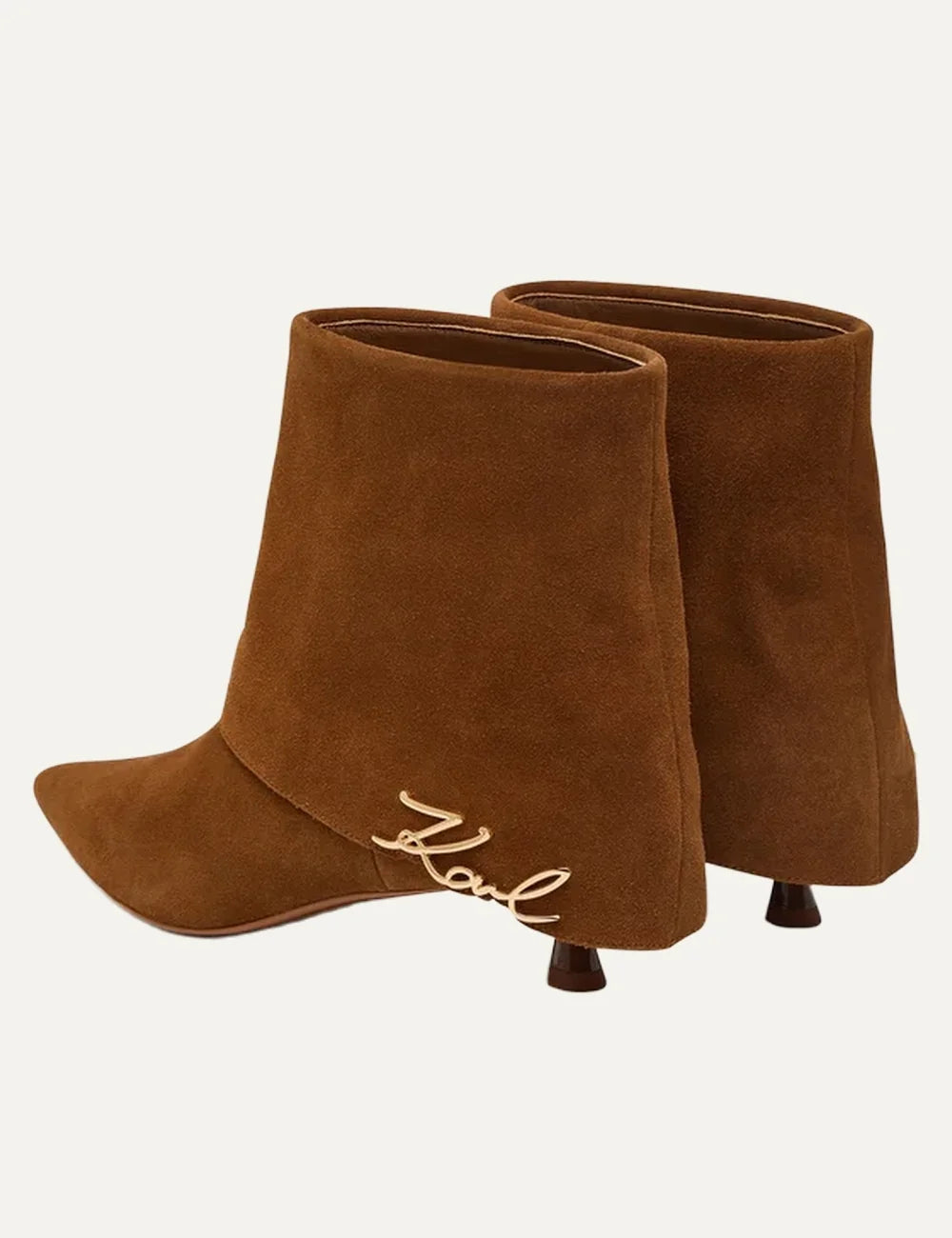 Karl Lagerfeld women mid brown suede ankle boots with pointed toe low heel and Karl Signature logo back