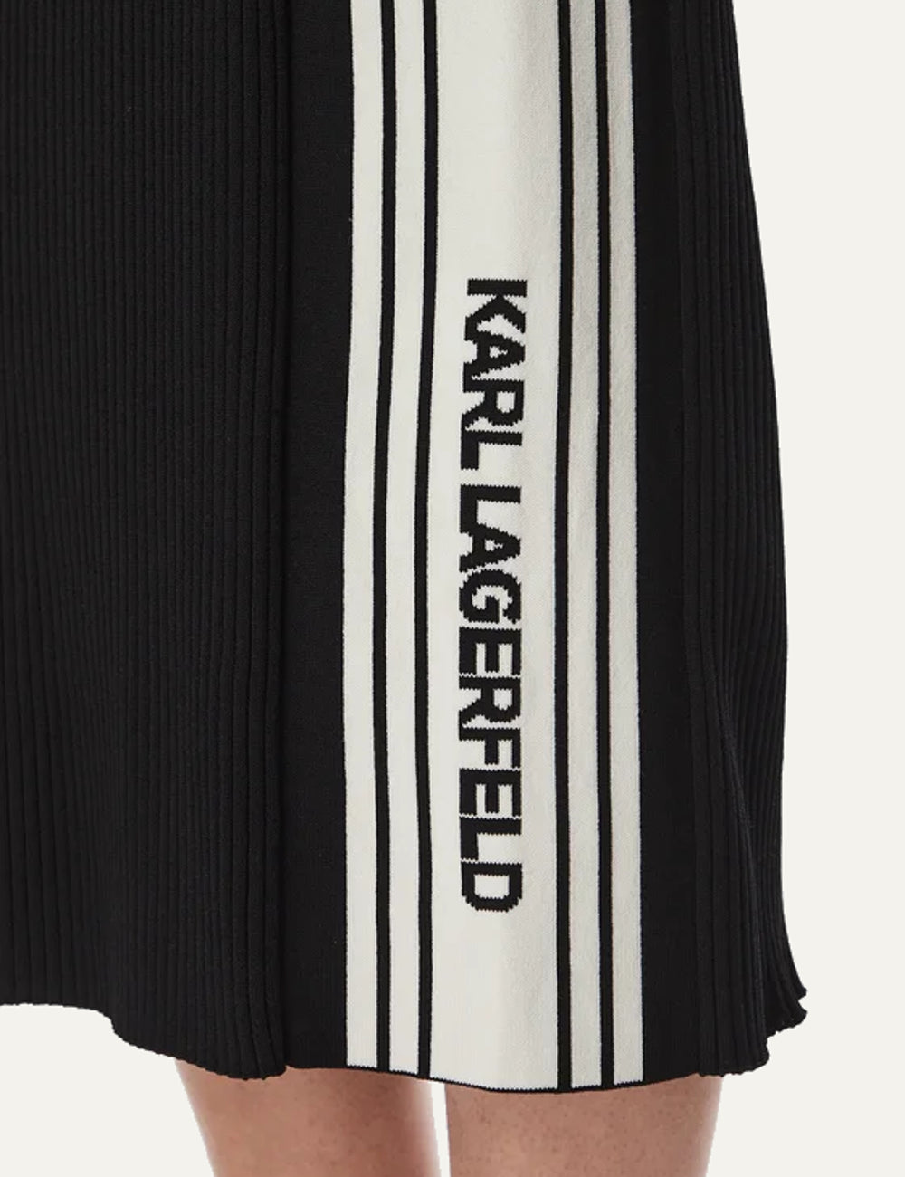 Karl Lagerfeld women's black ribbed knit midi dress with slim fit, long sleeves, white side stripes and logo detailing detail